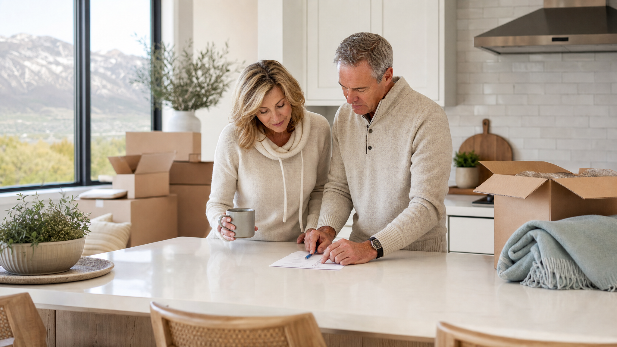 Empty nester couple planning a calm Utah downsizing move at a bright kitchen island