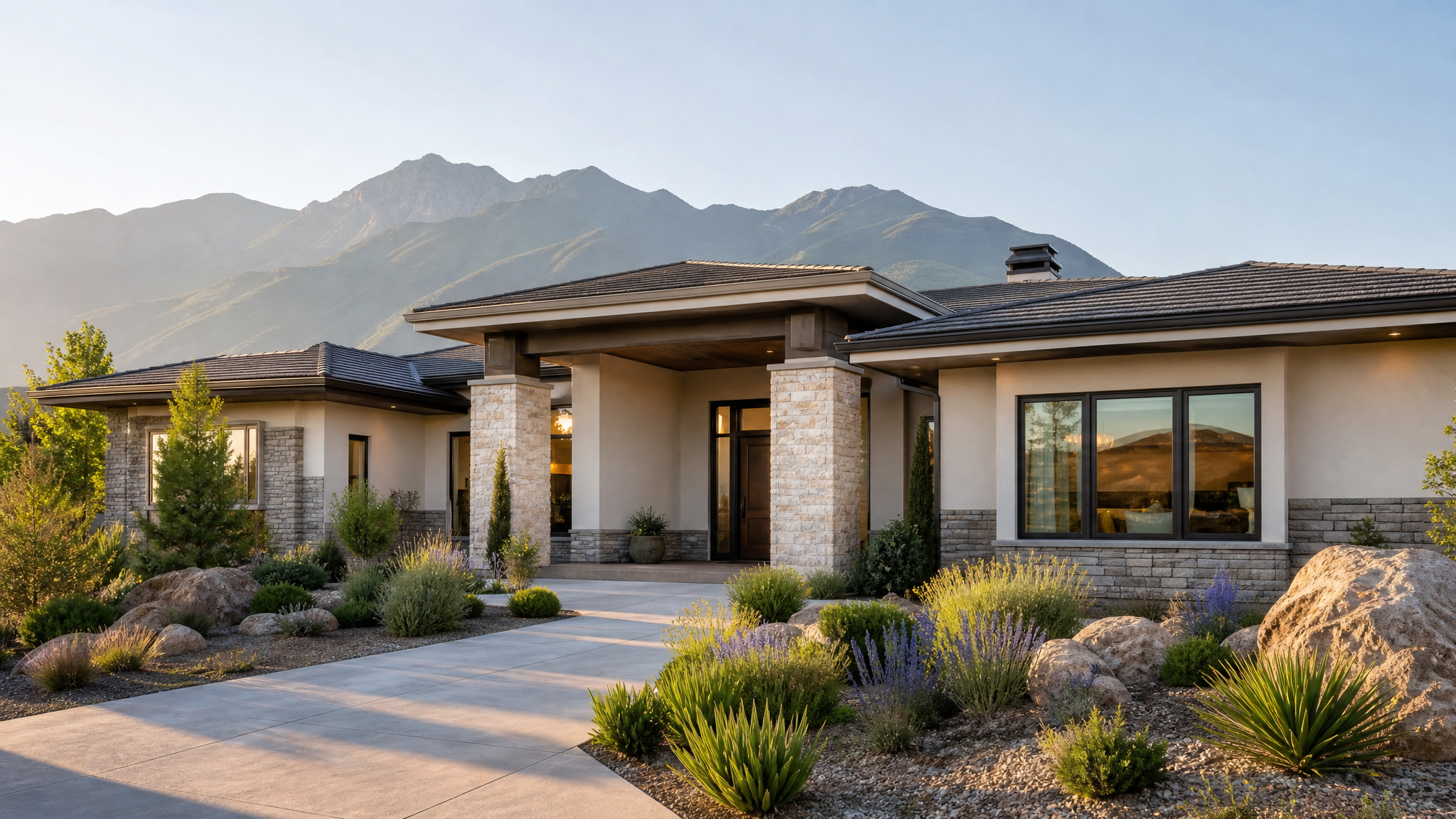 Elegant Utah single-level home with mountain backdrop for downsizing homeowners
